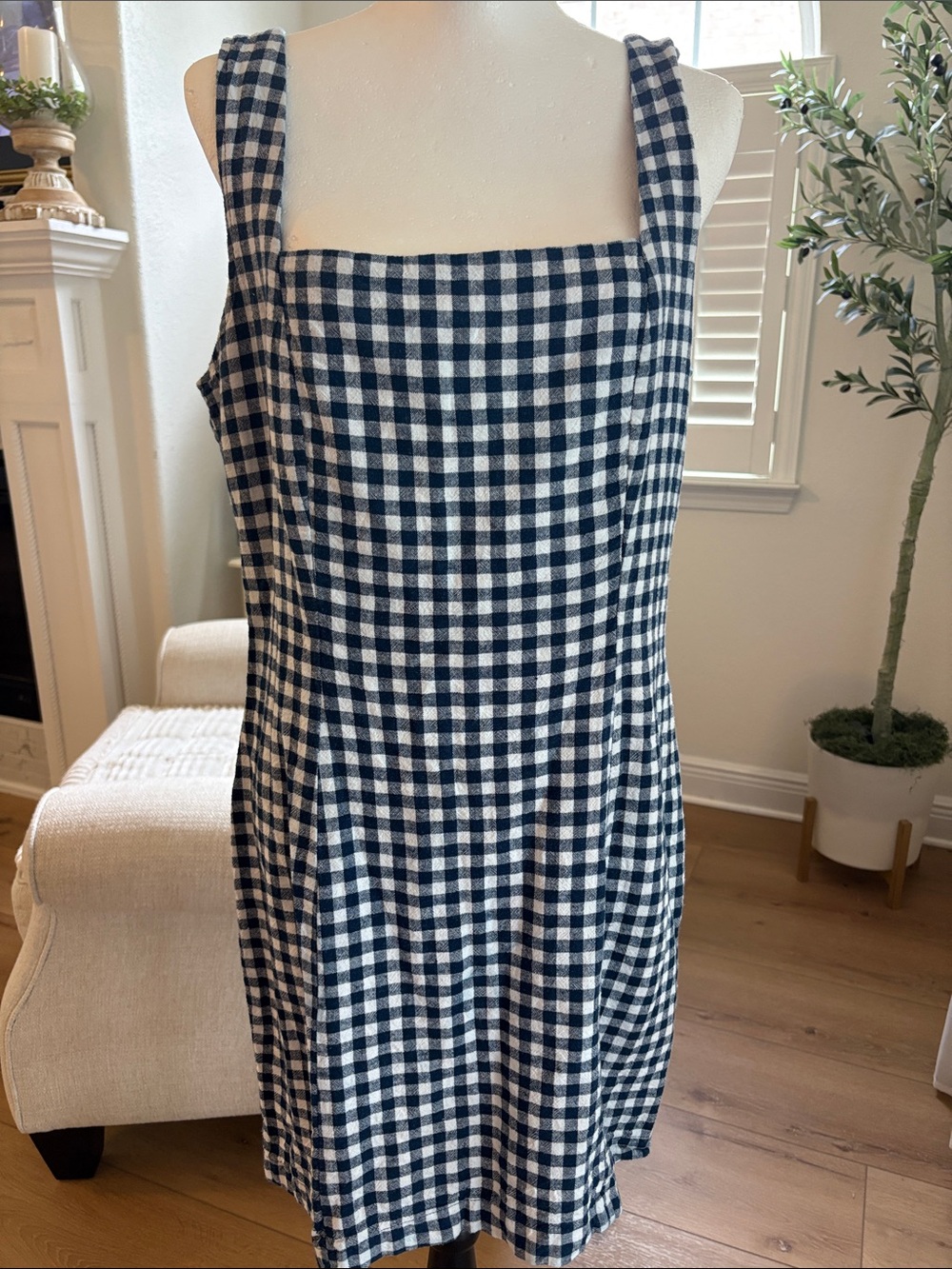 Classic Gingham Square-Neck Dress - Navy & White